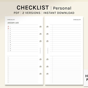 May include: A printable checklist template for personal use. The template has two pages, each with a lined section and a checklist section. The checklist section has a category and date heading and numbered checkboxes. The text "CHECKLIST | Personal" is at the top of the page. The text "PDF | 2 VERSIONS | INSTANT DOWNLOAD" is below the heading. The text "HAROO PLANS" is at the bottom of the page.