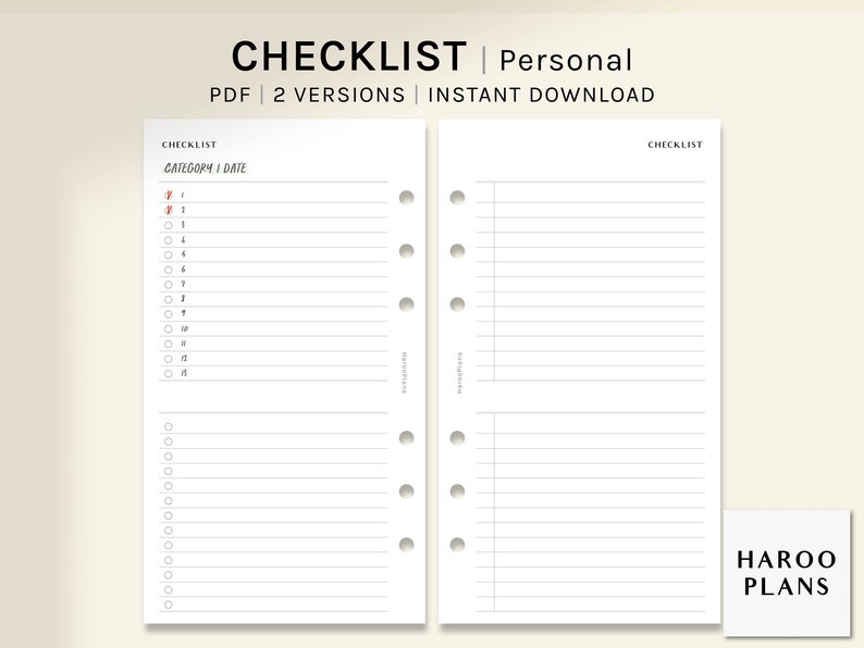 Personalized Checklist Example Checklist Sheet | Personal Size Printable Planner Inserts | Simple to ...