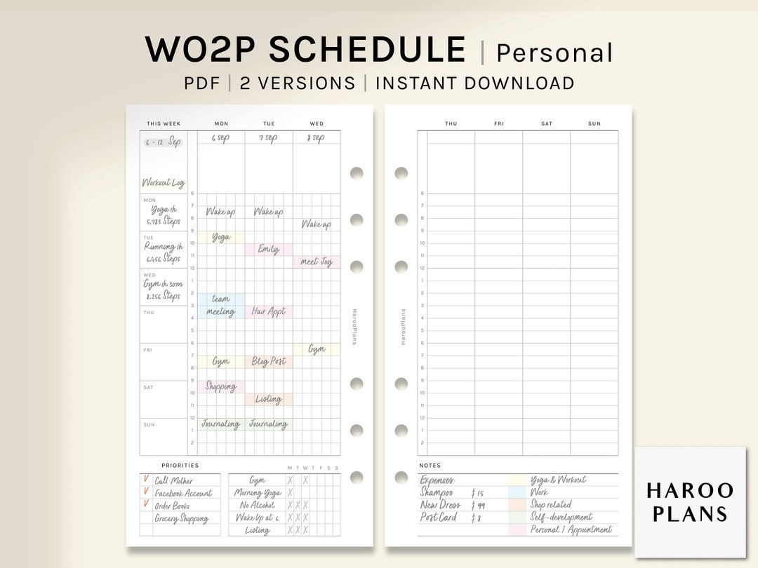 WO2P Schedule | Personal Size Printable Planner Inserts | Simple Weekly ...