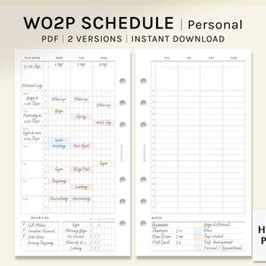 Può includere: Un pianificatore di orari PDF stampabile con un layout settimanale. Il lato sinistro della pagina ha un programma giornaliero con spazio per note e priorità. Il lato destro della pagina ha un programma settimanale vuoto. Il testo "WO2P SCHEDULE | Personal" è in cima alla pagina.
