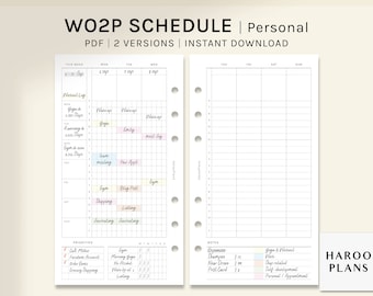 May include: A printable PDF schedule planner with a weekly layout. The left side of the page has a daily schedule with space for notes and priorities. The right side of the page has a blank weekly schedule. The text "WO2P SCHEDULE | Personal" is at the top of the page.