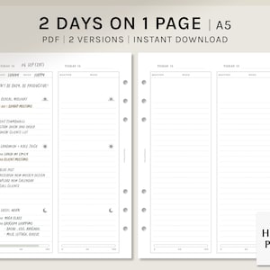 May include: A printable A5 planner page with two columns for scheduling two days. The page is divided into sections for weather, mood, and daily tasks. The top of the page says "2 Days on 1 Page | A5" and "PDF | 2 Versions | Instant Download".