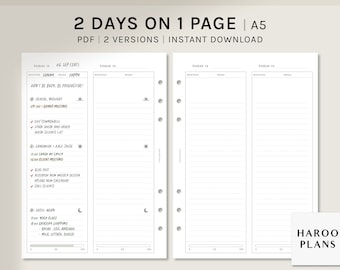 May include: A printable A5 planner page with two columns for scheduling two days. The page is divided into sections for weather, mood, and daily tasks. The top of the page says "2 Days on 1 Page | A5" and "PDF | 2 Versions | Instant Download".