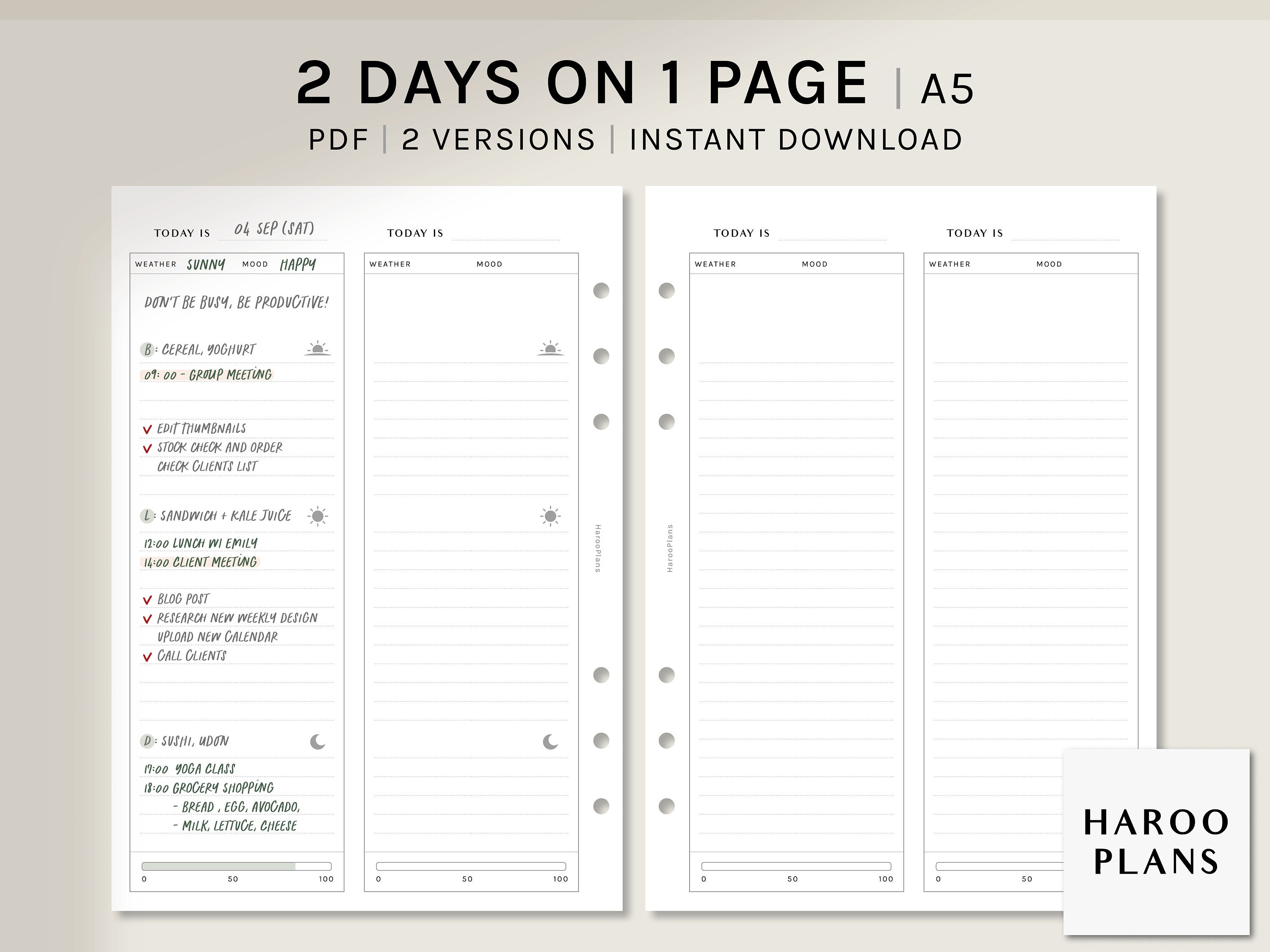 2 Days on 1 Page A5 Ring Printable Planner Inserts Daily Schedule Template  2D1P Lined Layout PDF Digital Download - Etsy