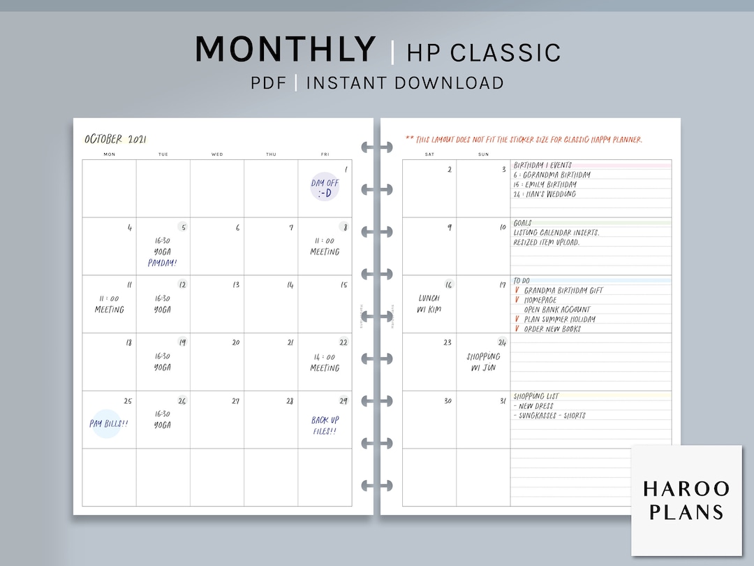 Undated Monthly | HP Classic Size Printable Happy Planner Inserts ...