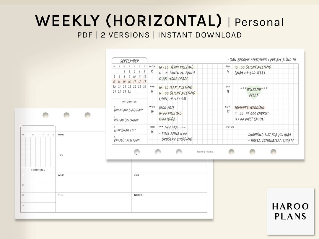 Undated Weekly | Personal Size Printable Planner Inserts | WO1P ...