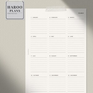 May include: A black and white printable yearly planner insert with the text "HAROO PLANS" and "YEARLY" at the top. The planner is divided into 12 months, with each month having its own column. The months are labeled with the number and name of the month, for example, "1 JANUARY".