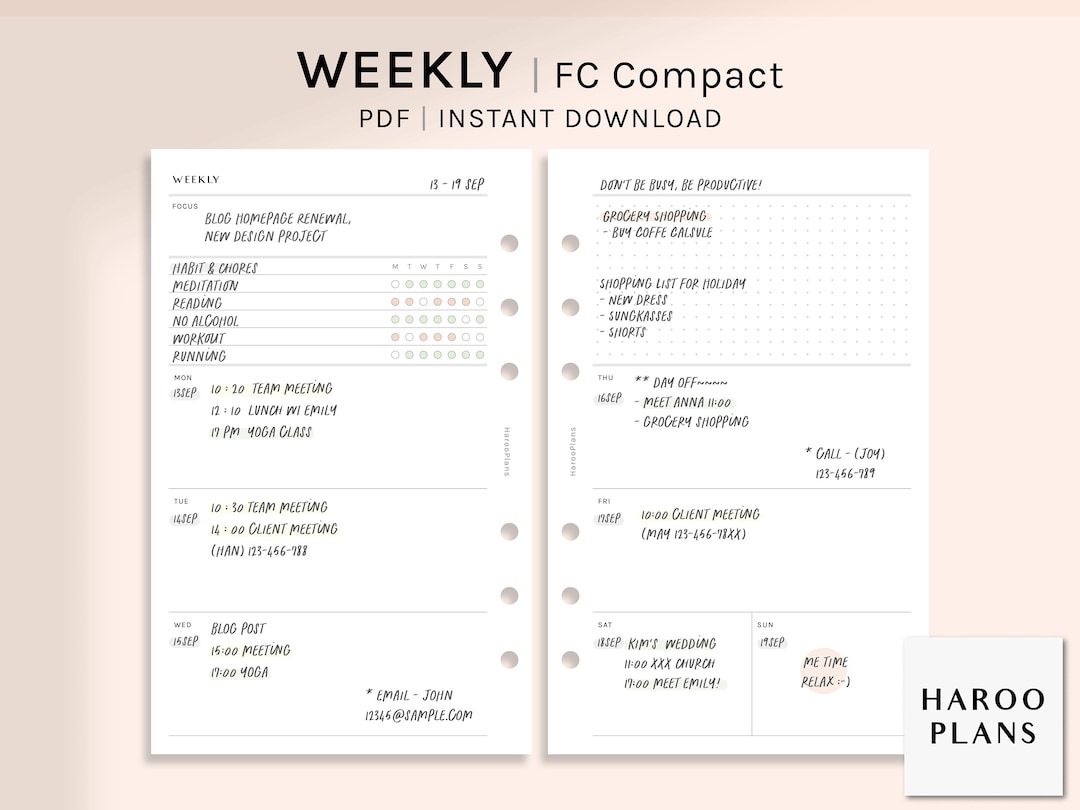 Simple Weekly | FC Compact Size Printable Planner Inserts | Undated ...