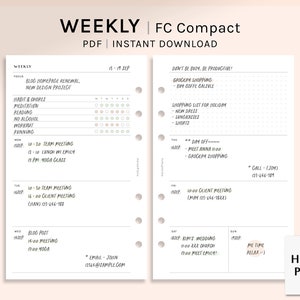 May include: A weekly planner page with a white background and black text. The planner is divided into two columns, with the left column showing the days of the week and the right column showing the tasks for each day. The planner also includes a section for habit tracking and a section for notes.