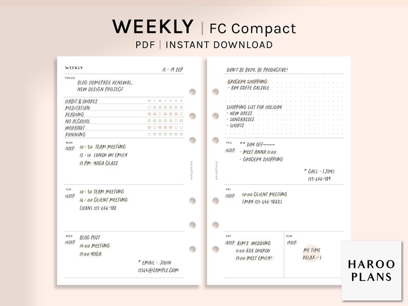 Simple Weekly | FC Compact Size Printable Planner Inserts | Undated ...