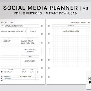 Può includere: Un planner per i social media stampabile in bianco e nero in formato A6. Il planner ha sezioni per il piano dei contenuti, le date o il numero di post, la descrizione, le idee, gli schemi, le note, le cose da fare, la lista di controllo, le parole chiave, i tag e gli hashtag, i link, la piattaforma, la data, l'ora, l'account e la categoria. Il planner è progettato per essere utilizzato con un raccoglitore ad anelli.