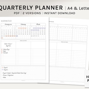 Planificador trimestral / A4, Inserciones imprimibles de cartas de EE. UU. / Organizador de metas de 3 meses / Hoja de trabajo de planificación de 90 días / Anual sin fecha / Descarga digital