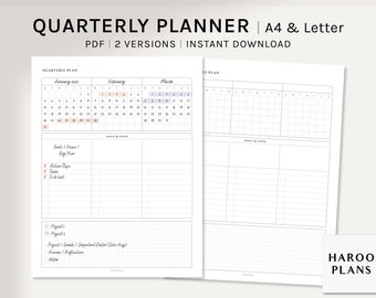 Quarterly Planner | A4, US Letter Printable Inserts | 3 Month Goal Organizer | 90-Day Planning Worksheet | Undated Yearly | Digital Download