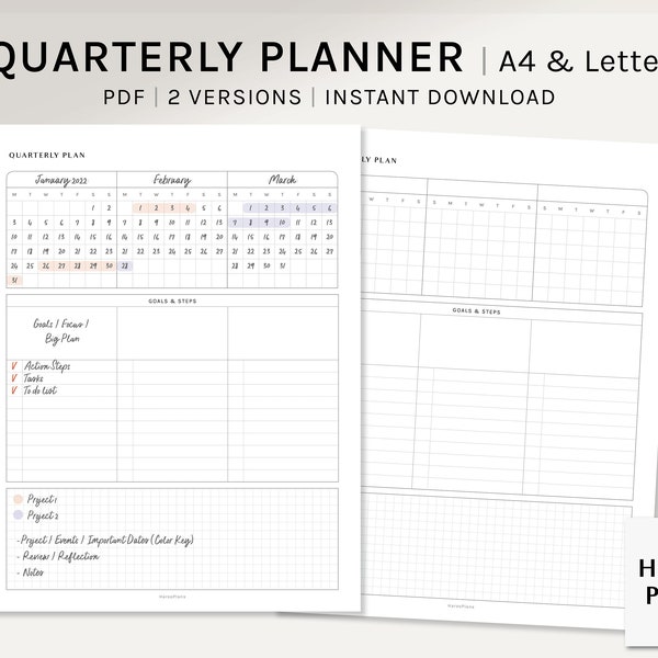 Quarterly Planner | A4, US Letter Printable Inserts | 3 Month Goal Organizer | 90-Day Planning Worksheet | Undated Yearly | Digital Download