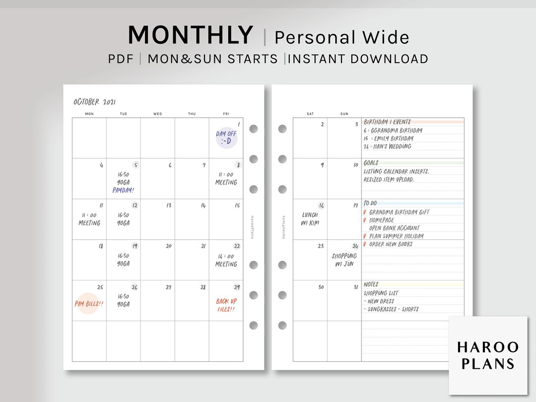 Undated Monthly Planner | Personal Wide Printable Inserts | Simple MO2P ...