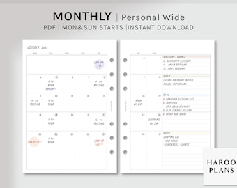 Undated Monthly Planner | Personal Wide Printable Inserts | Simple MO2P Layout Template | Blank Calendar Organizer PDF | Digital Download