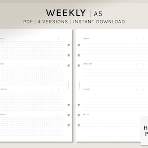 Simple Weekly | A5 | Printable Planner Inserts | Undated WO2P Template PDF | Grid Line Layout Pages | 7 Days Notes | Digital Download