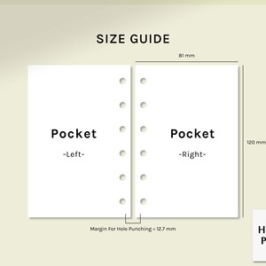 K&ouml;nnte beinhalten: Gr&ouml;&szlig;en&uuml;bersicht f&uuml;r einen Taschenplaner mit einer Seitenformat von 8,1 cm x 12 cm. Die Anleitung zeigt die Abmessungen der linken und rechten Taschen sowie den Rand f&uuml;r das Lochen.