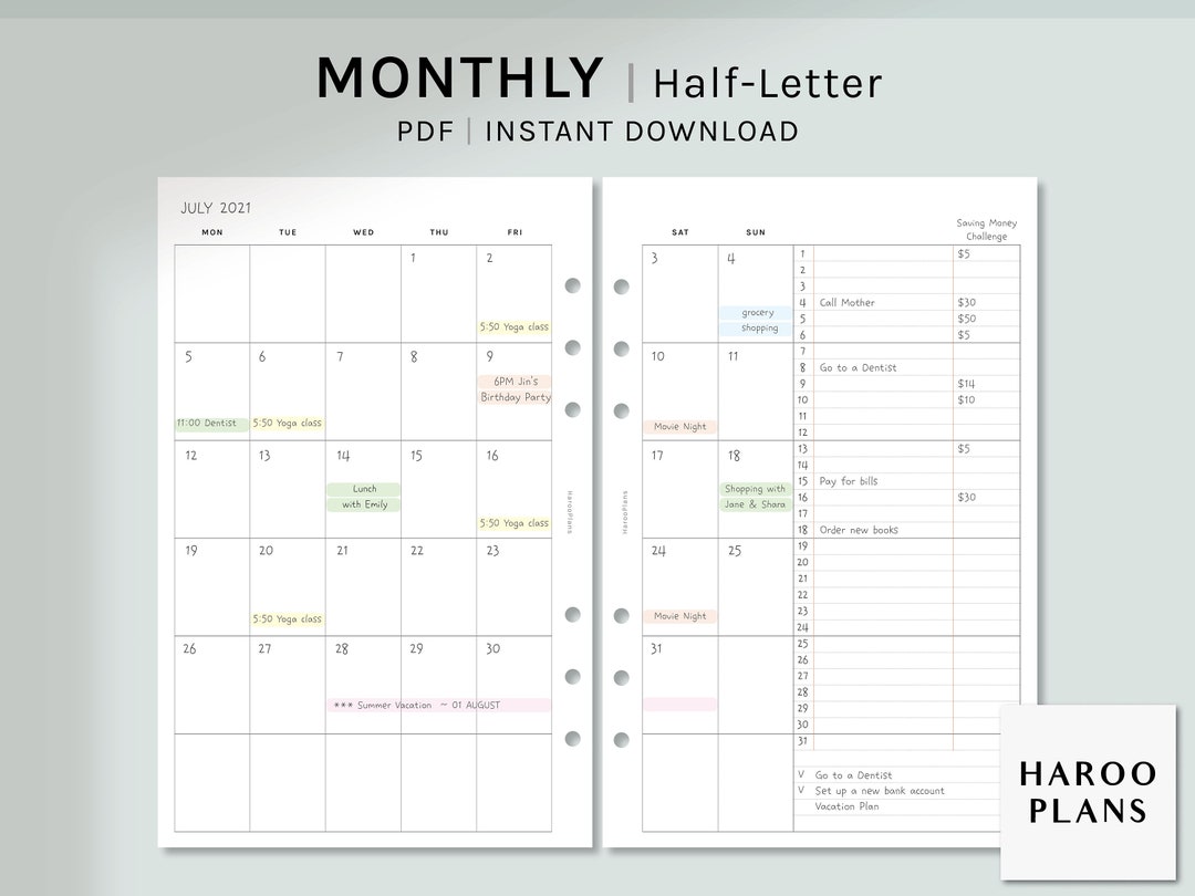 Undated Monthly Planner | Half-letter Size Printable Planner Inserts ...