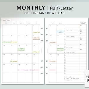 Undated Monthly Planner | Half-Letter Size Printable Planner Inserts | MO2P Layout Template | Blank Calendar with Notes | Digital Download