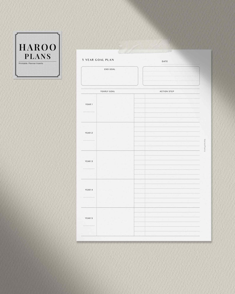 3 and 5 Year Goal Planner | A5 Printable Inserts | Life Goal Action ...