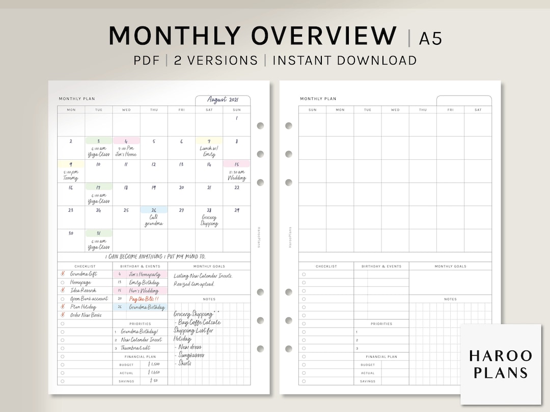 Monthly Overview | A5 Printable Planner Inserts | MO1P Layout | Month ...
