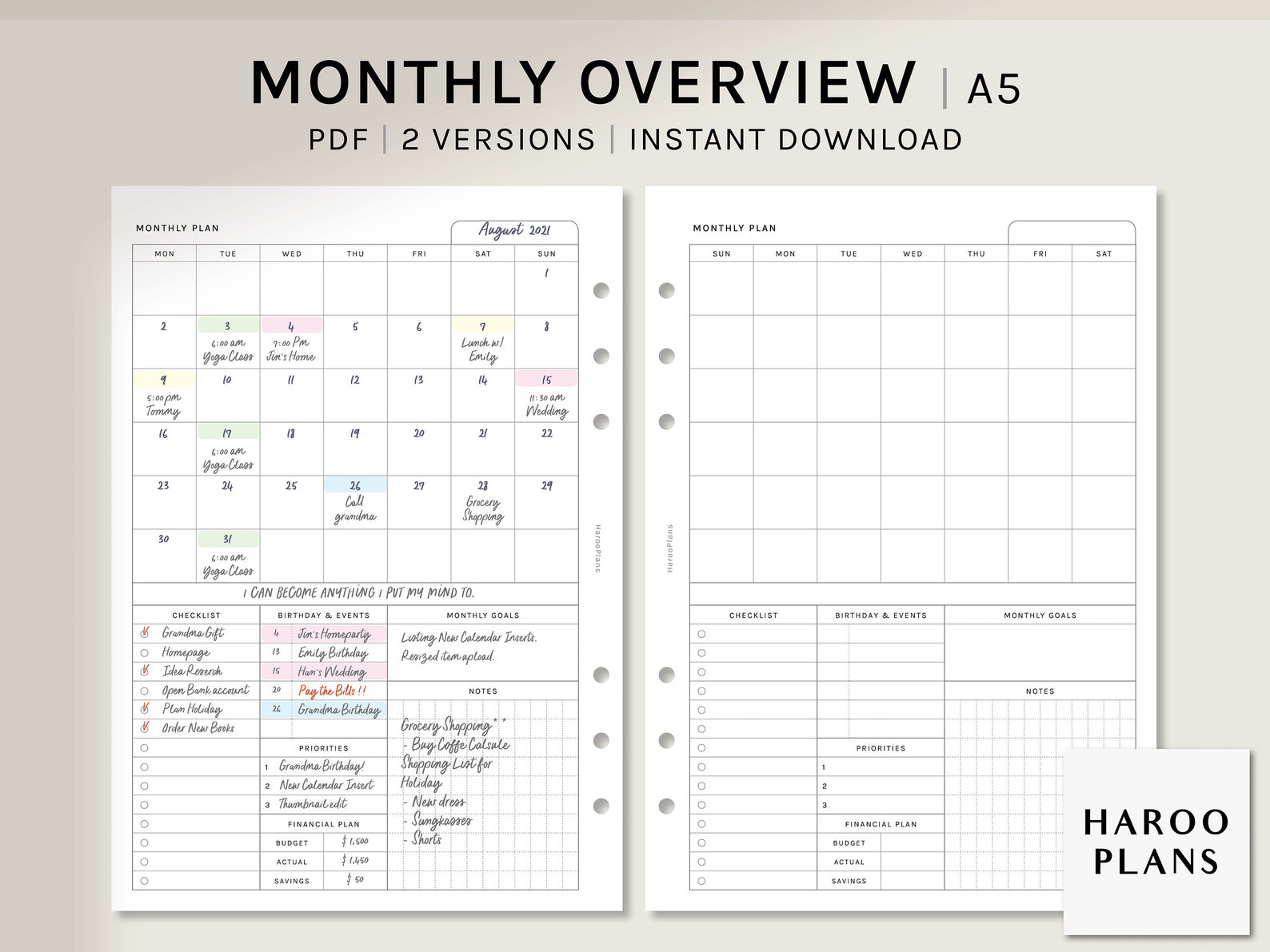 Monthly Overview A5 Printable Planner Inserts MO1P Layout Month on One