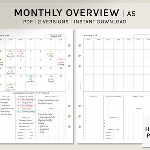 Monthly Overview | A5 Printable Planner Inserts | MO1P Layout | Month on one page Template | Blank Calendar Sheet | Digital Download