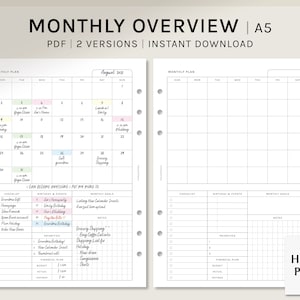 Monthly Overview | A5 Printable Planner Inserts | MO1P Layout | Month on one page Template | Blank Calendar Sheet | Digital Download