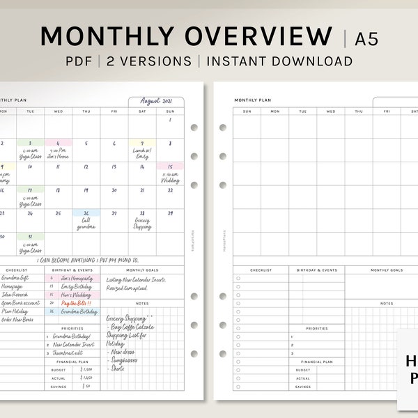 Descripción general mensual / Inserciones de planificador imprimibles A5 / Diseño MO1P / Plantilla de mes en una página / Hoja de calendario en blanco / Descarga digital