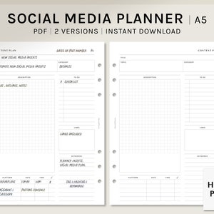 May include: A white Social Media Planner with the text "SOCIAL MEDIA PLANNER | A5" at the top. The planner includes sections for content planning, dates, and keywords. The text "PDF | 2 VERSIONS | INSTANT DOWNLOAD" is also visible.