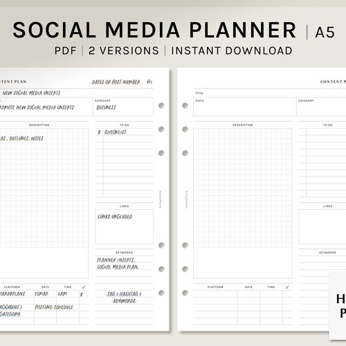 Content Planner A5 Printable Inserts Social Media Posting Etsy