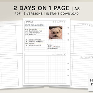 2 Days on 1 Page | A5 Printable Planner Inserts | 2D1P Daily Agenda | Simple Organizer Template | Grid Lined Layout PDF | Digital Download