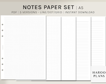 Basic Notes Paper Set | A5 Printable Planner Inserts | Blank Study Idea Memo Template | Grid, Dot, Lined Layout Pages PDF | Digital Download