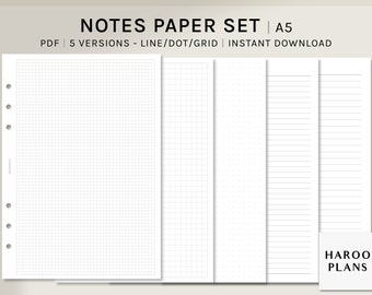 Basic Notes Paper Set | A5 Printable Planner Inserts | Blank Study Idea Memo Template | Grid, Dot, Lined Layout Pages PDF | Digital Download