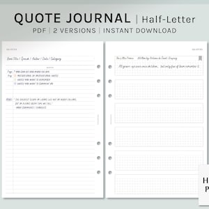 Diario de citas / Inserciones de planificador imprimibles de media letra / Plantilla de diario de lectura / Hojas de registro de citas inspiradoras en PDF / Descarga digital