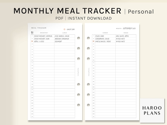 Monthly Meal Tracker | Personal Printable Planner Inserts | MO2P Diet Log Template | Food Journal Layout Worksheet PDF | Digital Download