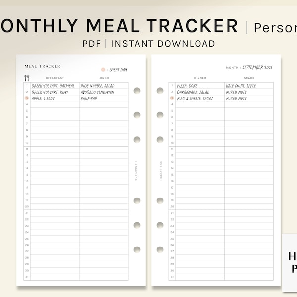 Monthly Meal Tracker | Personal Printable Planner Inserts | MO2P Diet Log Template | Food Journal Layout Worksheet PDF | Digital Download