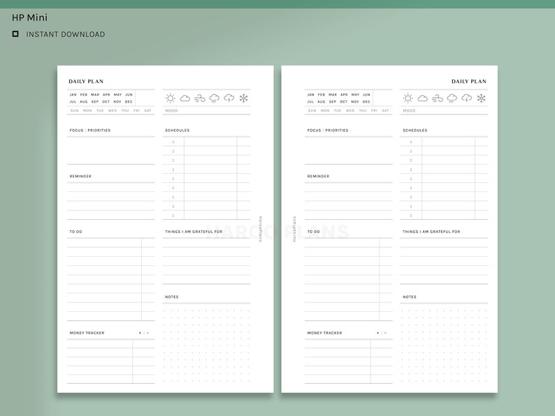 May include: A printable daily planner with sections for focus, priorities, schedules, reminders, to-do list, things you are grateful for, notes, and a money tracker. The planner has a simple design with black text on a white background.