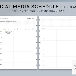 May include: A printable social media schedule planner in PDF format. The planner has two versions and is for use with the Happy Planner Classic. The planner includes a weekly goal section, a posting idea section, and a notes section. The planner is designed to help you plan your social media content in advance.