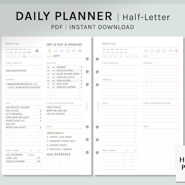 Daily Planner | Half-Letter Printable Inserts | Schedule Template | To Do List, Money Tracker | Undated Organizer PDF | Digital Download