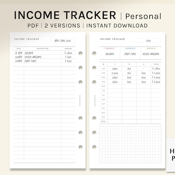 Income Tracker | Personal Size Printable Planner Inserts | Money Log Template | Financial Planning | Income Overview PDF | Digital download