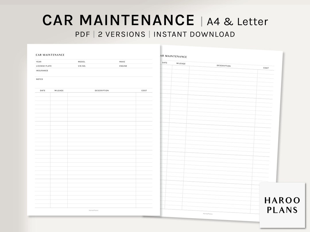 Car Maintenance | A4, US Letter Printable Planner Inserts | Auto Repair ...