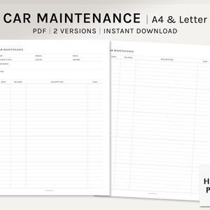 May include: Printable car maintenance log in A4 and Letter sizes. The log includes sections for car details, date, mileage, description, and cost.  The text "CAR MAINTENANCE" is at the top of the page.
