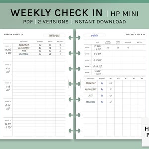 May include: A printable weekly check-in planner for a HP Mini planner. The planner has two versions, one for a month and one for September. The planner includes sections for categories, budget, spent, balance, and notes.