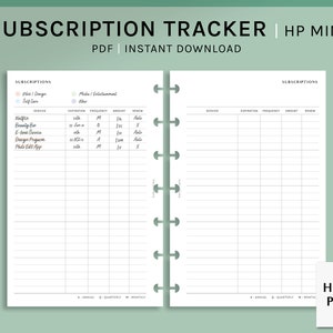 May include: A printable subscription tracker for HP Mini planners. The tracker has columns for service, expiration date, frequency, amount, and renew. The tracker is divided into two sections, one for subscriptions and one for subscriptions. The tracker is designed to help you keep track of your subscriptions and make sure you don't miss any payments.