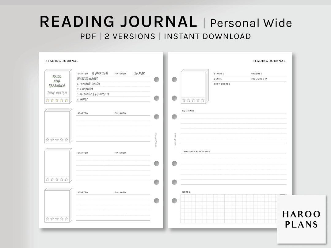Reading Journal | Personal Wide Printable Planner Inserts | Book Review ...