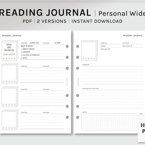 Puede incluir: Una plantilla de diario de lectura imprimible en tamaño Personal Wide. La plantilla tiene una sección de portada de libro con espacio para el título, el autor y la calificación. Hay secciones para notas, pensamientos y sentimientos, y un resumen. La plantilla está diseñada para usar con un planificador Personal Wide.