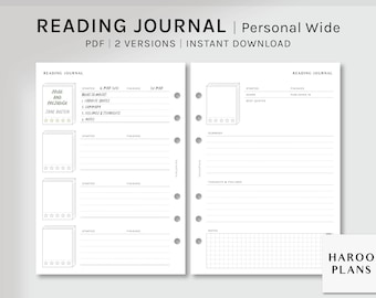 May include: A printable reading journal template in a personal wide size. The template has a book cover section with space for a title, author, and rating. There are sections for notes, thoughts and feelings, and a summary. The template is designed for use with a personal wide planner.