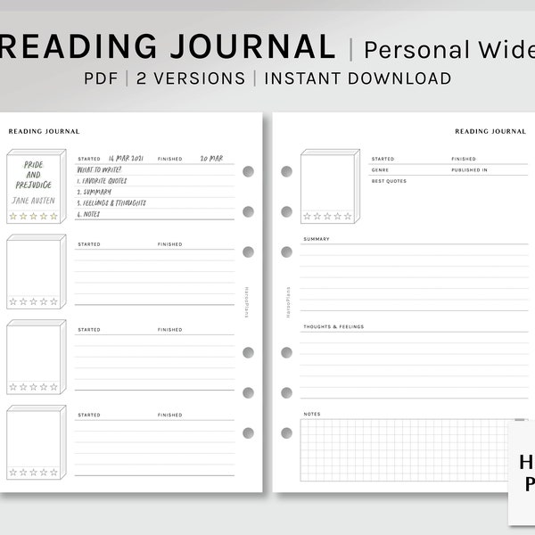 Reading Journal | Personal Wide Printable Planner Inserts | Book Review Log Template PDF | Simple Book Diary Sheets | Digital Download